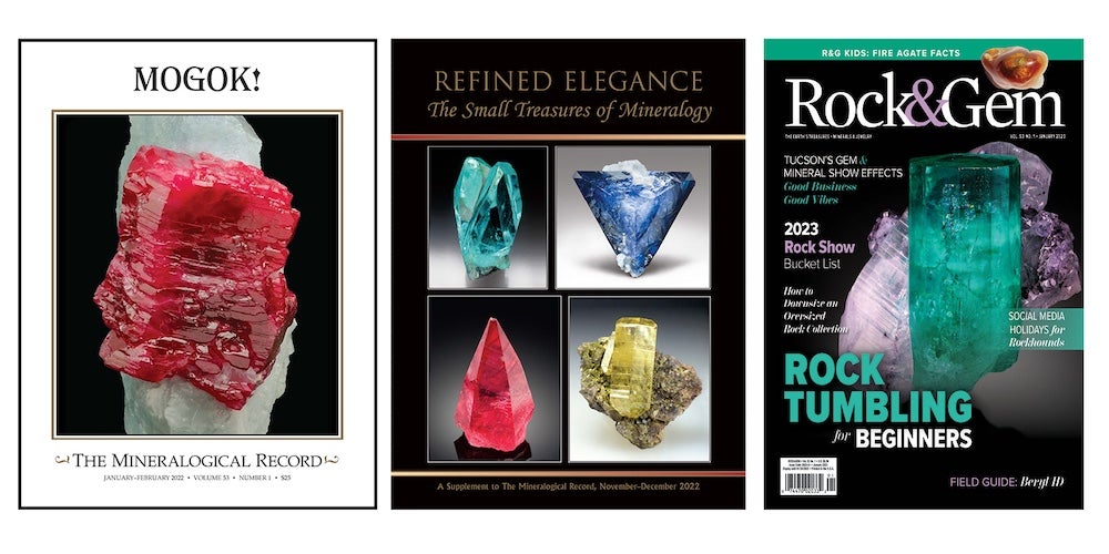 Three covers of mineralogical magazines that feature Zhang's mineral photos