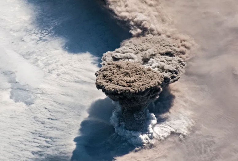 Plume during an eruption of Raikoke Volcano in the Kuril Islands. Credit: ISS Crew Earth Observations Facility and the Earth Science and Remote Sensing Unit, Johnson Space Center