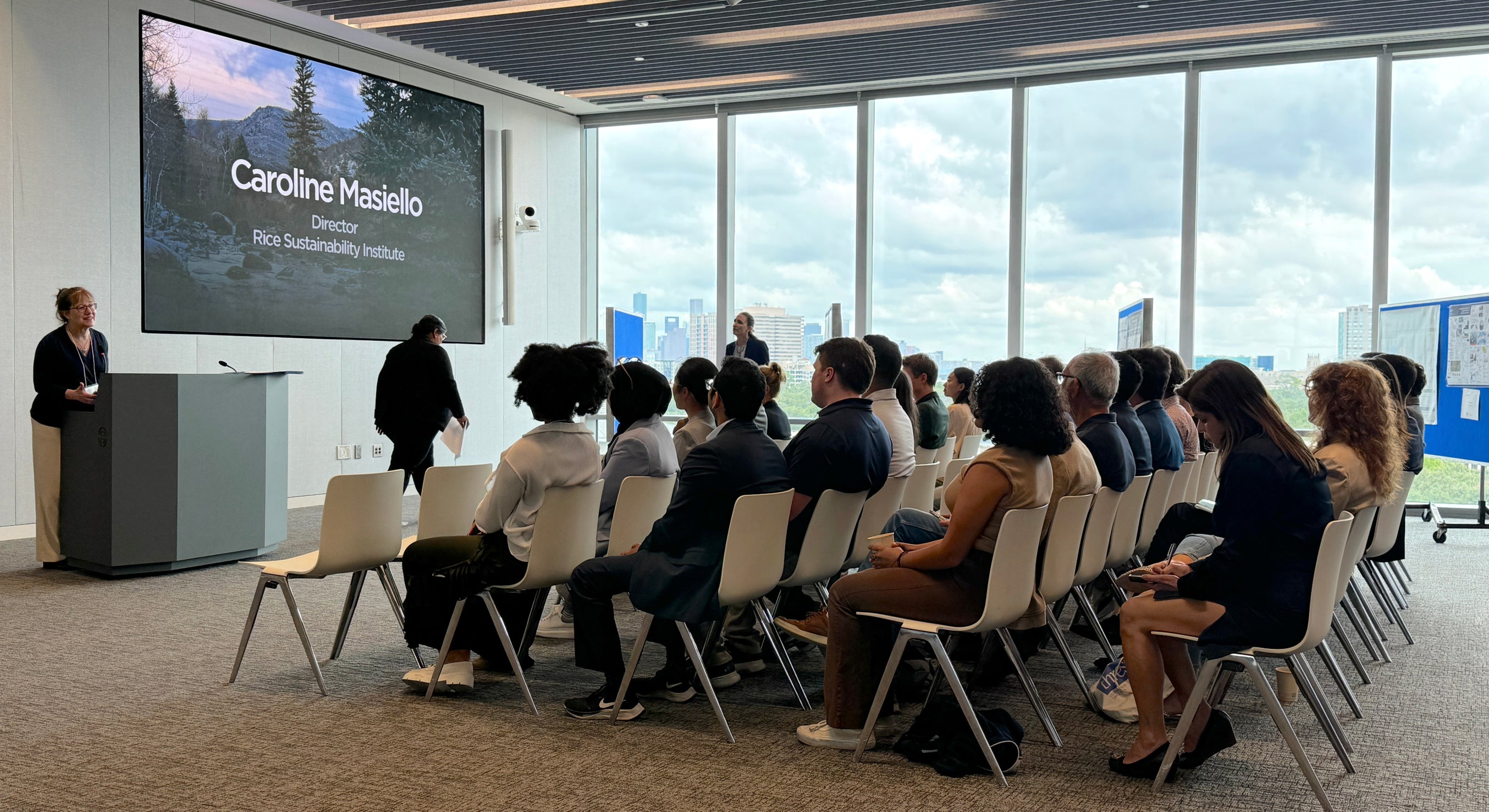 Rice Sustainability Institute Director Caroline Masiello addresses fellowship awardees