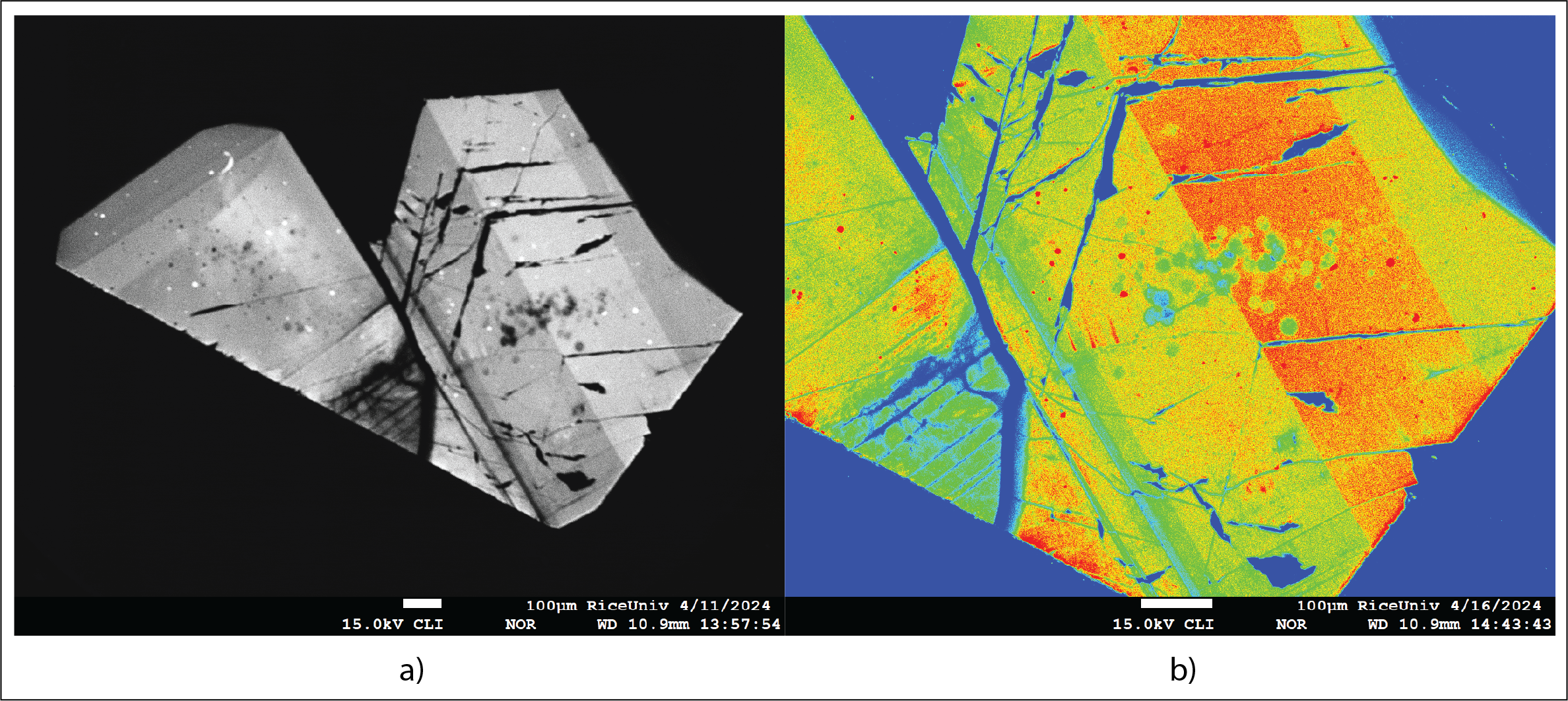 Figure 6. a) CL image of zoned and twinned albite-rich plagioclase (in grayscale); b) The same Albite-rich plagioclase in fake colors.