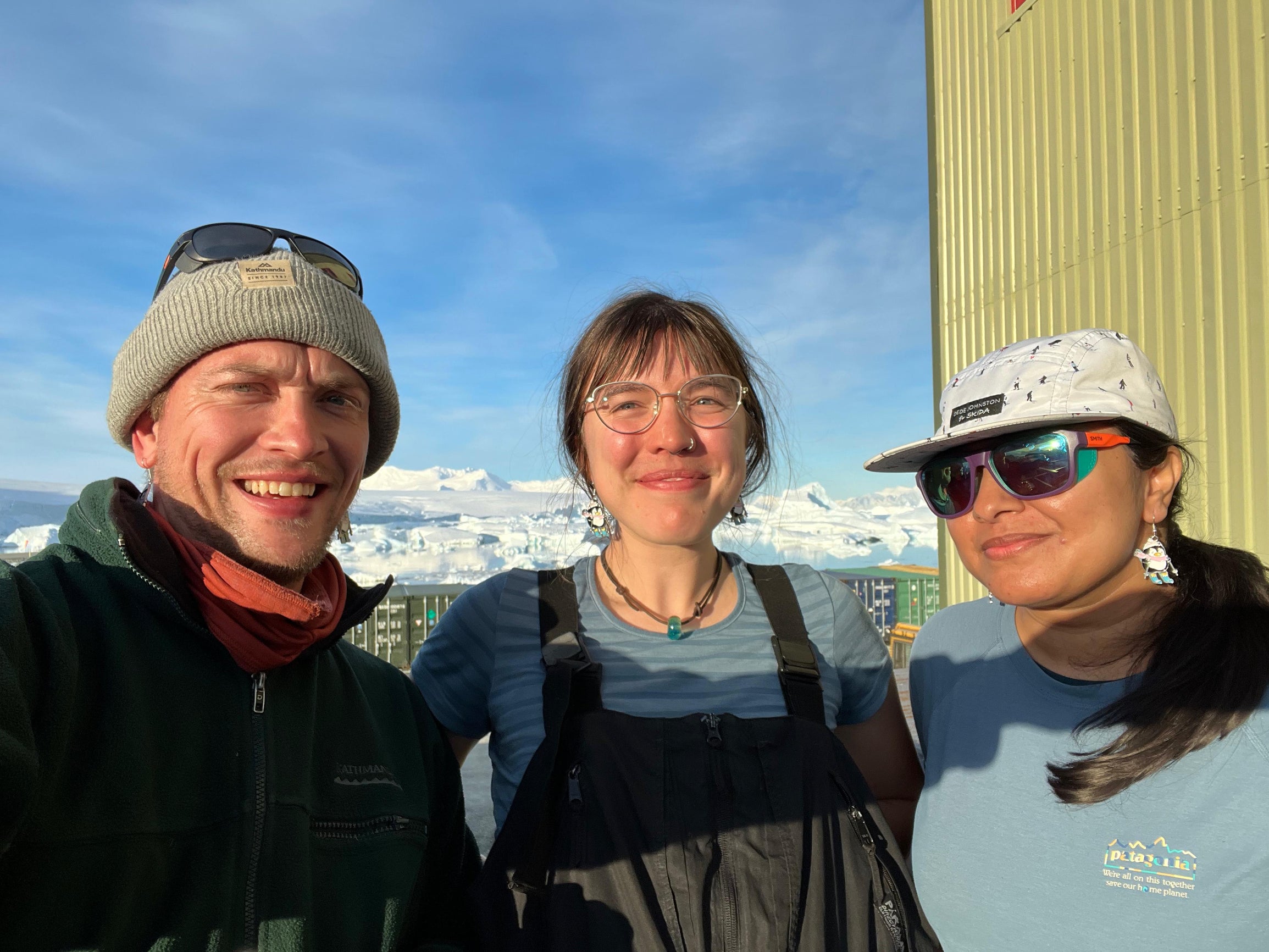 Image of Andrew Hoffman (left) is with Sheffield University PhD student Sian Thorpe (center) and LDEO postdoctoral fellow Rohi Muthyala (right) at Rothera Station, West Antarctica in 2025