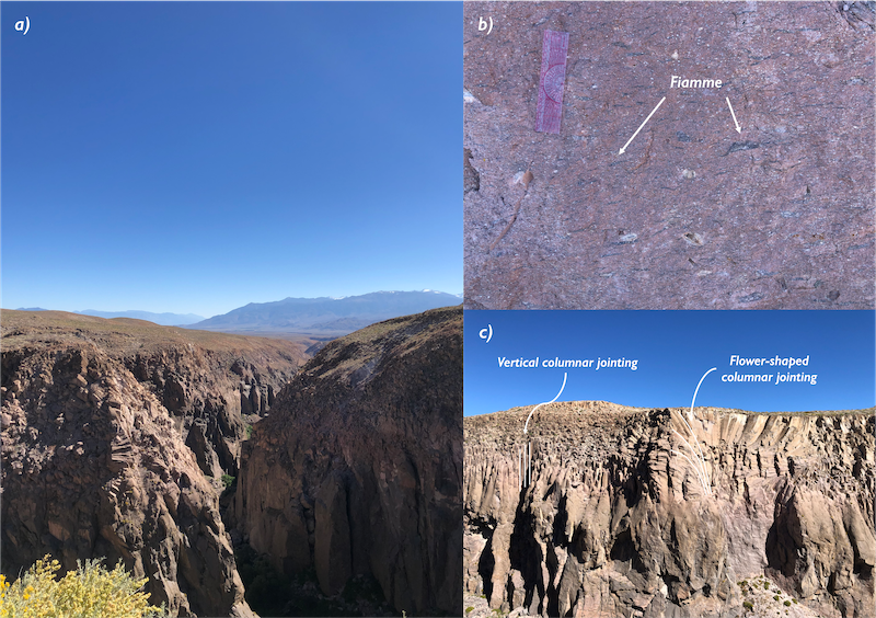 Figure 3: a: The Owens River gorge. b: Fiamme in welded tuff from the Owens River gorge, producing a eutaxitic texture. c: Vertical and flower-shaped columnar jointing in the welded tuff of the Owens River gorge.
