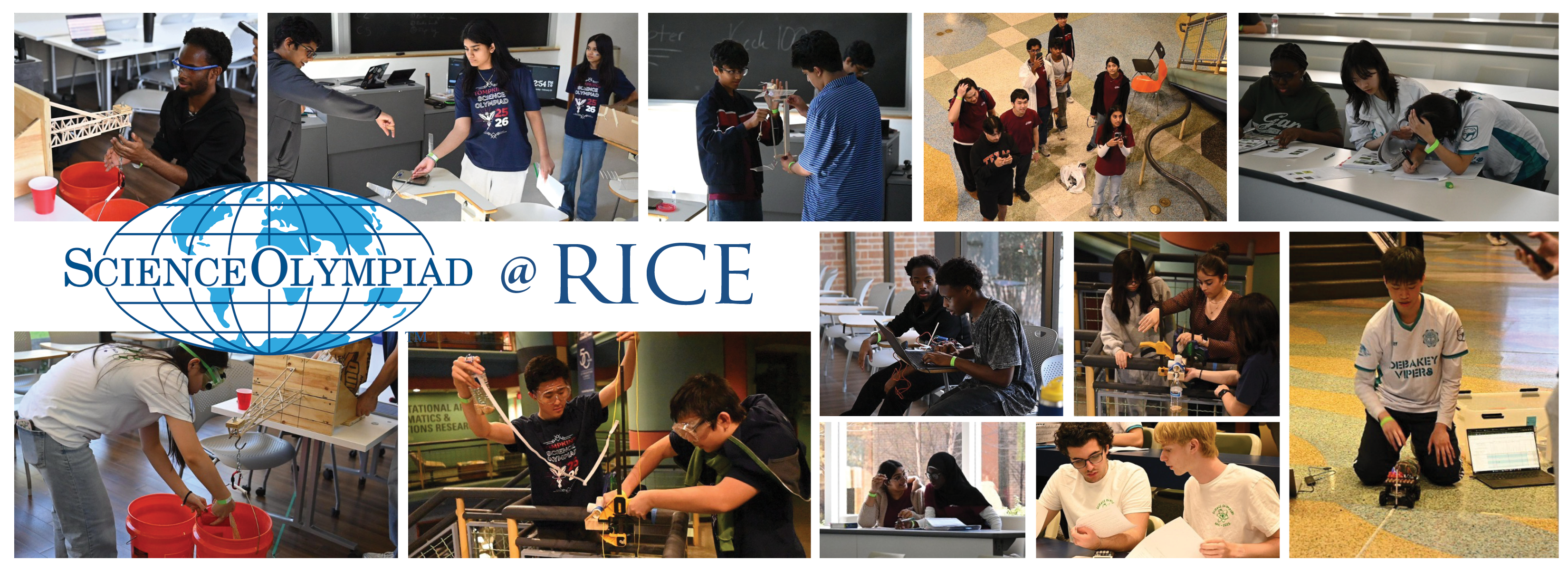 Montage of images from the 2026 Science Olympiad tournament at Rice