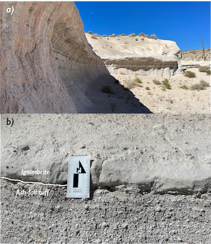Figure 2: a: Bishop Tuff deposited after the eruption that created the Long Valley Caldera. b: Close-up of the contact between the ignimbrite and the ash-fall tuff.