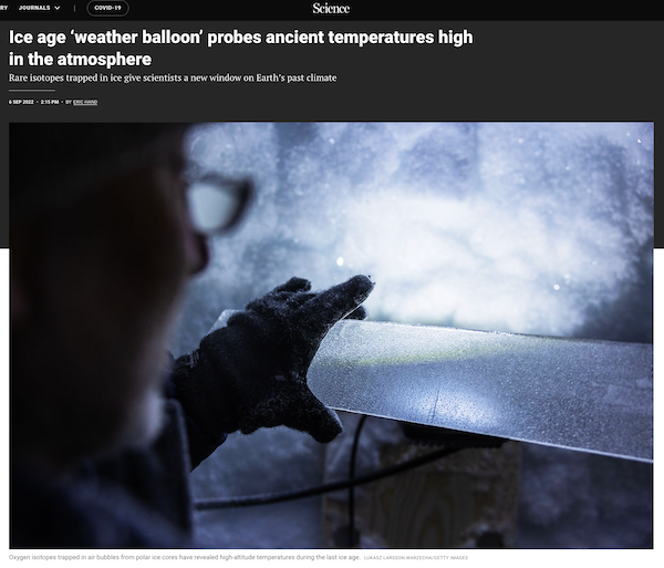 Science News headline and image of ice core