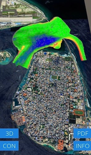 Satellite view of Malé with bathymetric map between Malé and Hulhumalé Islands 