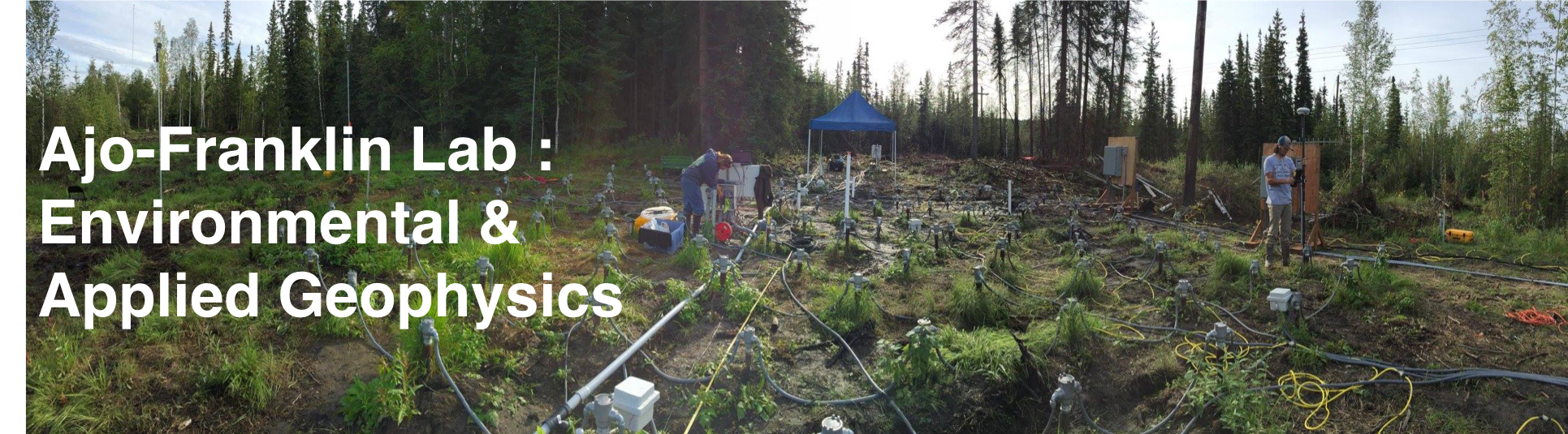 Ajo-Franklin lab banner of seismic stations in a forest clearing