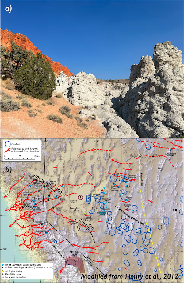 Figure 8: a: Schlieren and alignment of feldspar megacrysts in the Tuolumne Batholith. b: Kaveh for scale (he’s 173 cm tall)