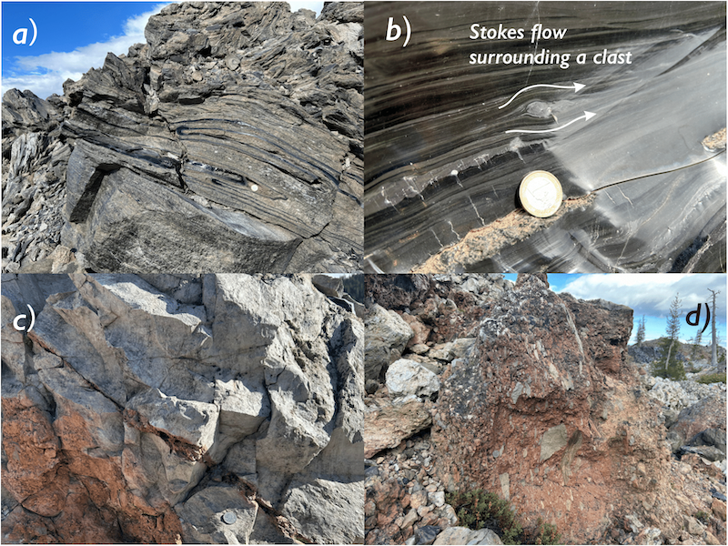 Figure 15: a: Banded obsidian. b: Obsidian surrounds an internal clast and exhibits Stokes flow. c: Various sizes of pyroclasts sticking together inside fractures in the lava dome, maybe ”tuffisites”? d: Beyond a certain distance from the vent, agglutination features become visible.