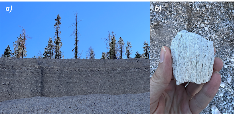 Figure 13: a: Glass Mountain fall deposit at the pumice quarry showing stratification. b: Tube pumice.